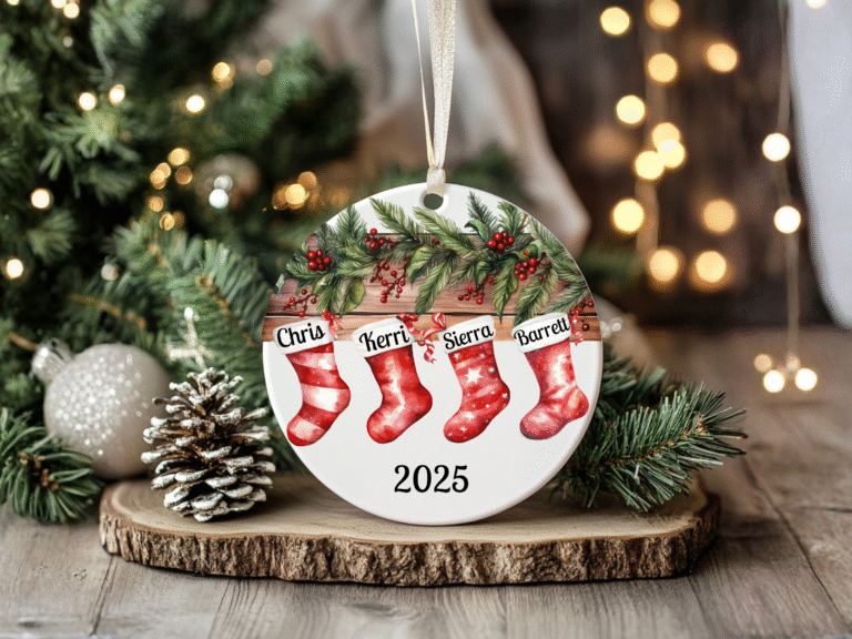 Round white ceramic Christmas ornament featuring a watercolor-style design of four red stockings hanging from a wooden mantel decorated with evergreen branches and red berries. Each stocking displays a personalized name - Chris, Kerri, Sierra, and Barrett - with "2025" printed below. The ornament hangs from a silver ribbon and is displayed on a natural wood slice surrounded by pine branches, frosted pinecones, and a white ornament, with warm bokeh Christmas lights glowing in the background.