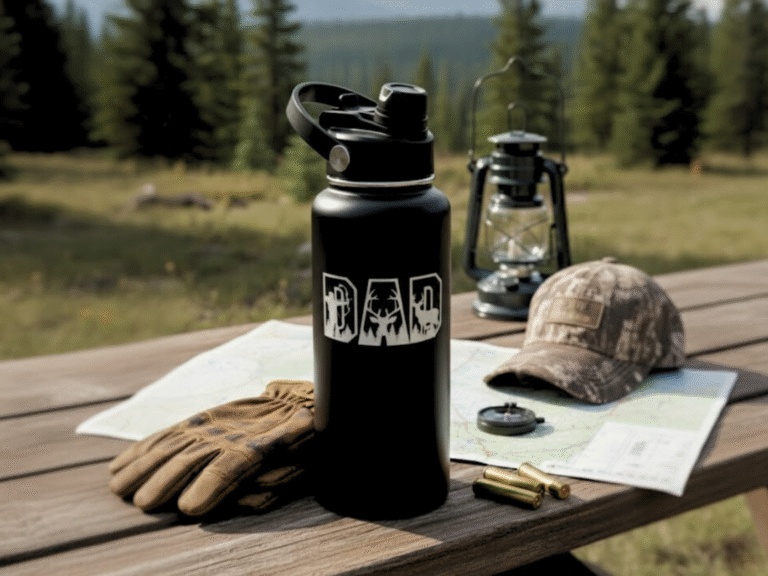 Here's alt text for that image: **Alt Text:** Black water bottle with a white "DAD" design featuring hunting-themed silhouettes inside each letter - a hunter in a tree stand, a deer head with antlers, and a hunter with a rifle. The tumbler sits on a wooden table alongside outdoor hunting gear including tan leather gloves, a topographic map, a compass, rifle cartridges, a camouflage baseball cap, and a vintage-style lantern, with a blurred forest and meadow in the background.