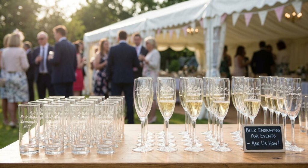 Personalized wedding glassware displayed at outdoor reception - engraved champagne flutes and pint glasses reading Mr & Mrs Adamczyk 2013, with chalkboard sign advertising bulk engraving for events